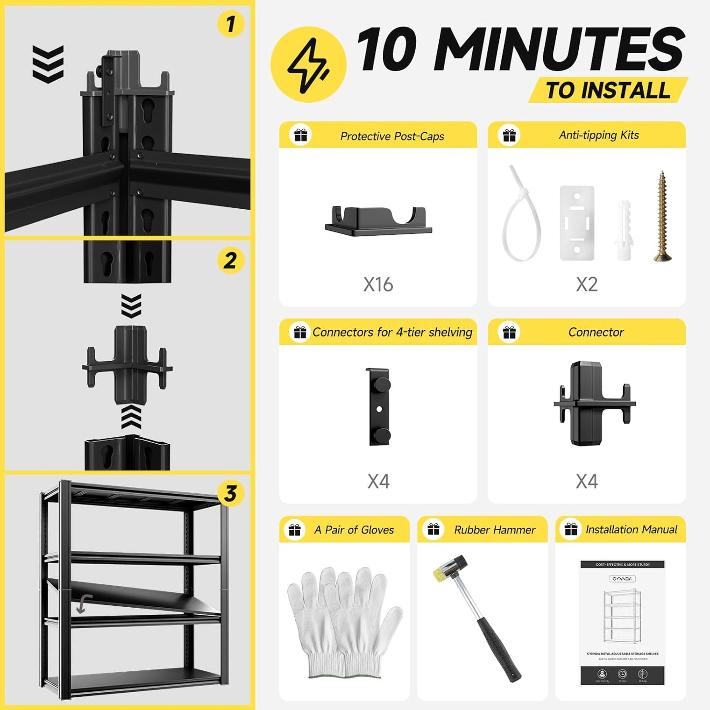 4-Tier Garage Shelving Unit - 40" W x 20" D x 60" H, 2500LBS Metal Industrial Storage Rack, Adjustable Heavy Duty Shelves for Garage (Black)