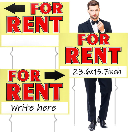 Marsui 3 Pcs Sale Sign 23.6 x 15.7 Inch Double Sided Sign with Stakes Blank Corrugated Plastic Signs with Directional Arrow and Metal Stake (for Rent)