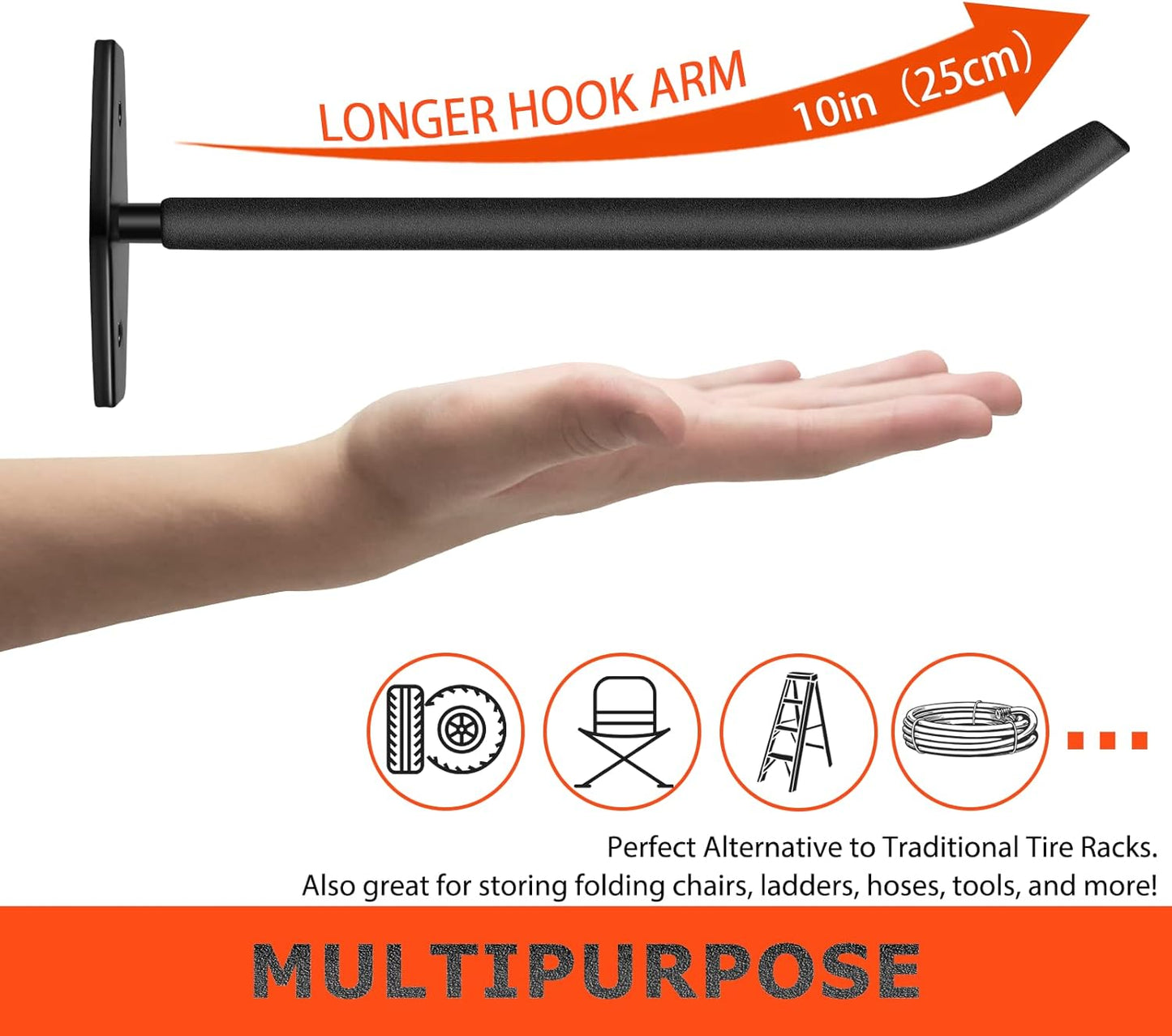 8 Pack Tire Storage Rack Wall Mount, 10in Large Garage Hooks Heavy Duty, Tire Hooks for Garage Wall, Wheel Hanger for Organizing Ladder, Folding Chairs (88lbs)