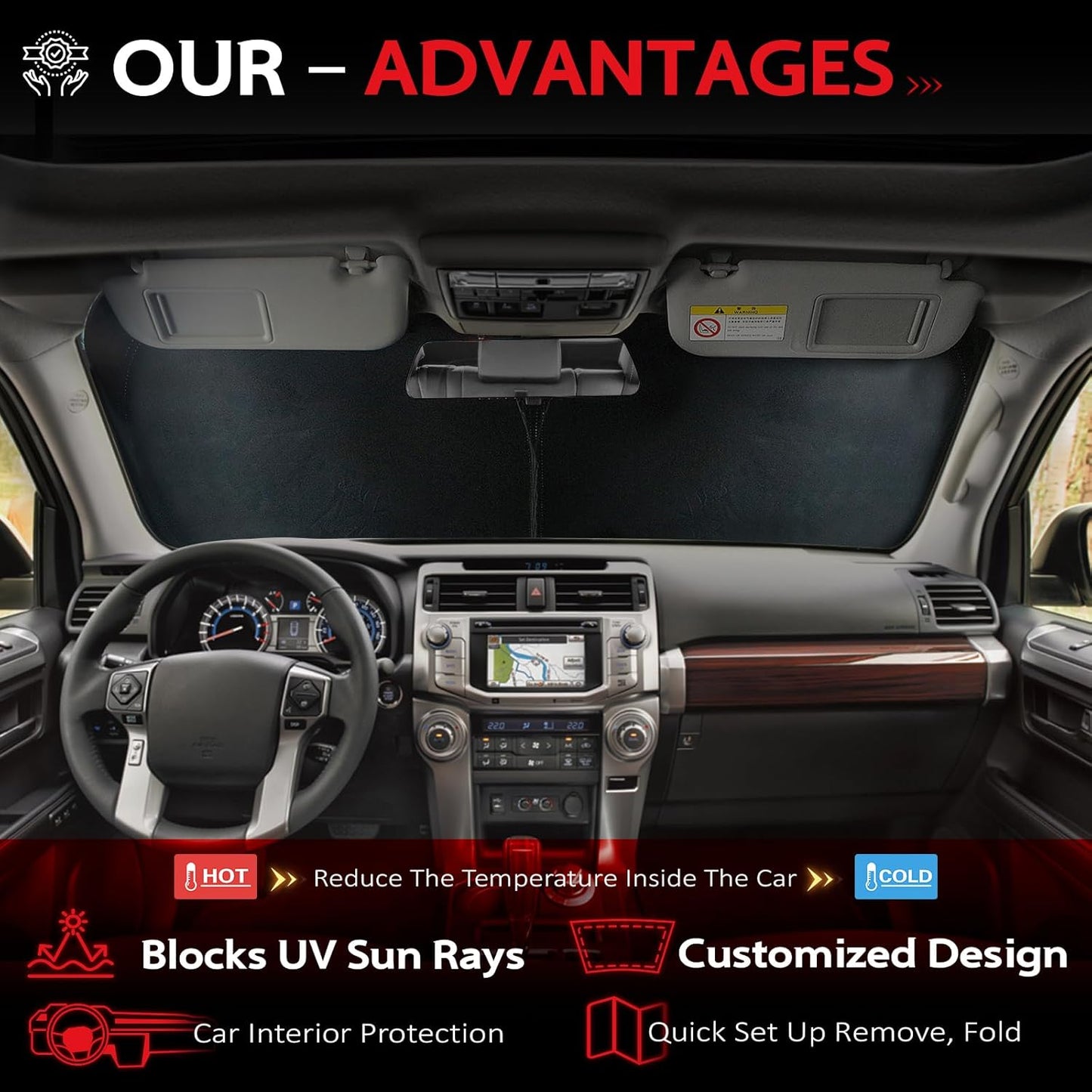 KAYZT Windshield Sun Shade for Toyota 4Runner 2010-2024 4-Runner Foldable Sunshade SUV Front Window Custom Fit Accessories