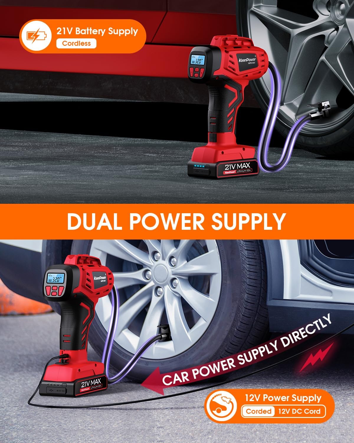 Digital Cordless Tire Inflator Portable Air Compressor Automatic 160PSI w/Gauge Screen & 4+N Smart Mode & Dual Power Supply, Rechargeable 21V Battery Powered Handheld Air Pump, Car Tire Pump