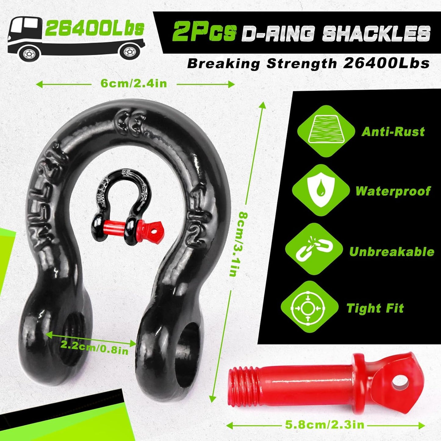 MAIKEHIGH Tow Strap Heavy Duty with Hooks, 2"×16ft (22,000Lbs) Recovery Strap with D-Ring Shackles (2pcs) + Protective Gloves (2pcs), Tow Rope for Car Truck SUV ATV (Green)