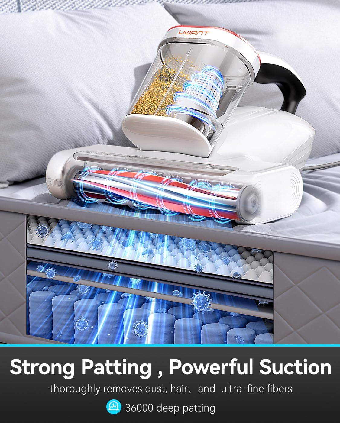 uwant Mattress Vacuum 450W 16Kpa 36000RPM/MIN Bed Vacuum with 149℉ Heating &Ultrasonic, Dual Dust Cup, Smart Display Screen Mattress Vacuums for Skin Health