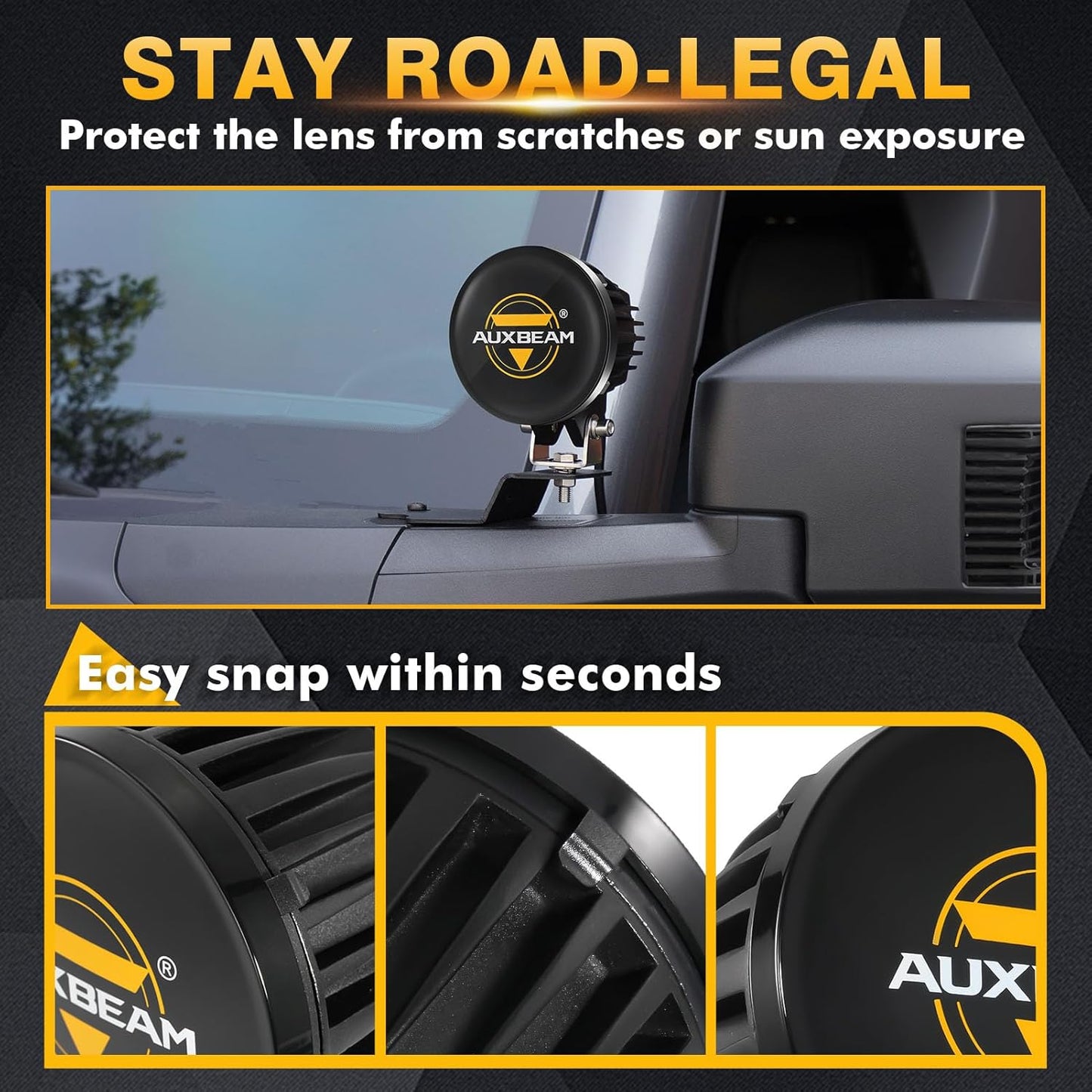 Auxbeam C4 Series 4 Inch Black Protective Light Covers, Round Offroad LED Pods Lens Cap, On Road & Off Road, Polycarbonate Plastic, Snap-On Design, 2 Packs