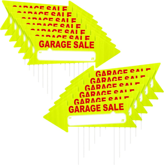 Wenqik 12 Pcs Garage Sale Signs with Stakes Double Sided Neon Arrow Signs with Stakes 17 x 6 Inches High Visibility This Way Plastic Garage Sale Decoration(Yellow and Red)