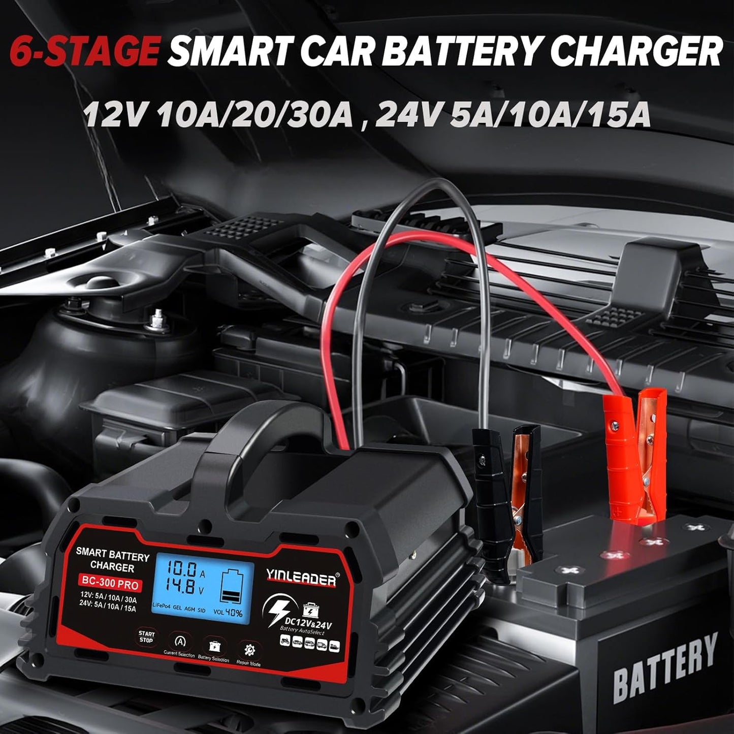 Battery Charger 30A, 12V/24V Lead Acid Smart Battery Charger, 12V LiFePO4 Car Battery Trickle Charger, Automatic Battery Maintainer for Car Motorcycle Lawn Mower Marine Boat Lead Acid Batteries