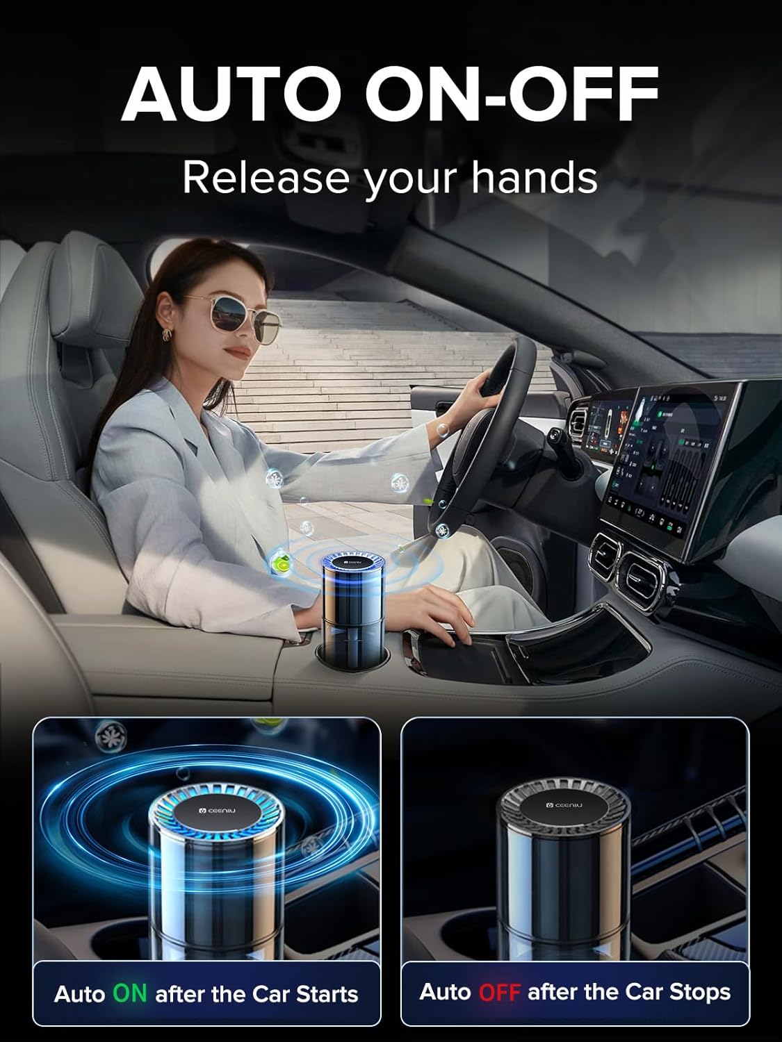 Ceeniu New Smart Car Air Freshener, 135ml Last 6 Months, Auto ON/OFF Car Freshener Long Lasting, Multi-mode Adjustable, Ambiance Light, Natural French Fragrance, CF3 Aroma Diffuser, Mint Ice Scent