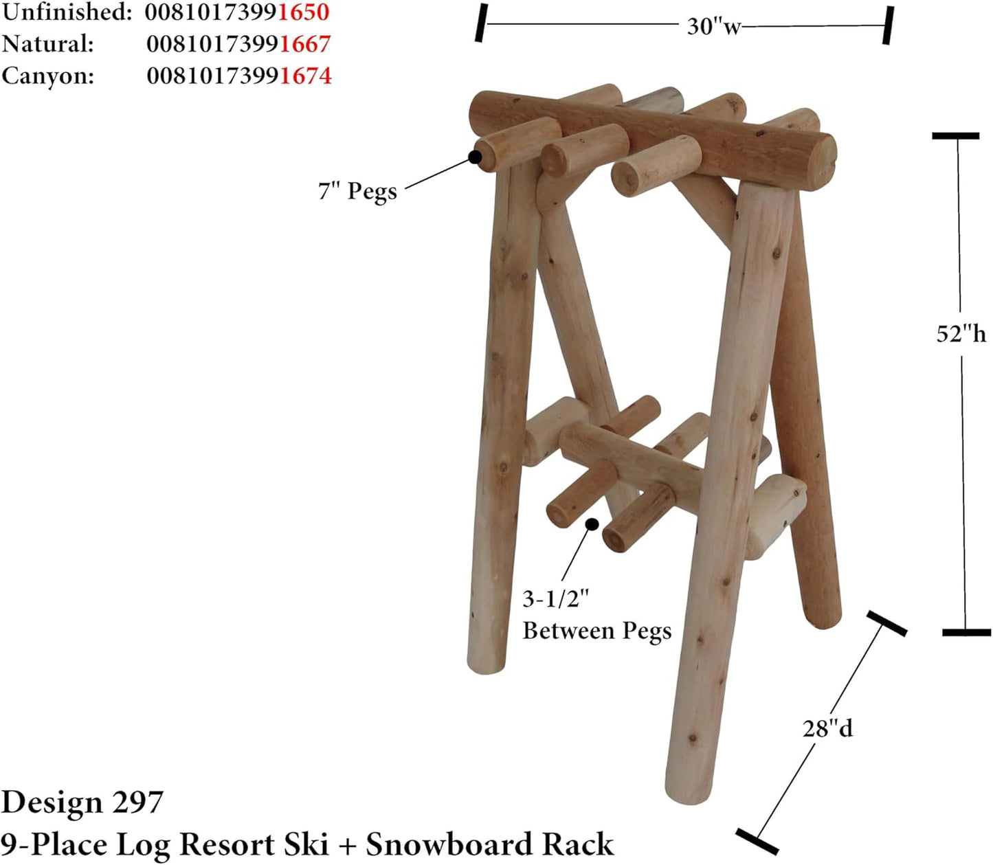 9-Place Freestanding Log Ski Rack Holder, Indoor & Outdoor Snowboard Racks, Standing Storage, Garage Racks for Snow Skis & Poles, Snowboard Rack Garage Storage Organizer- Canyon Brown + 15" Anchor Kit