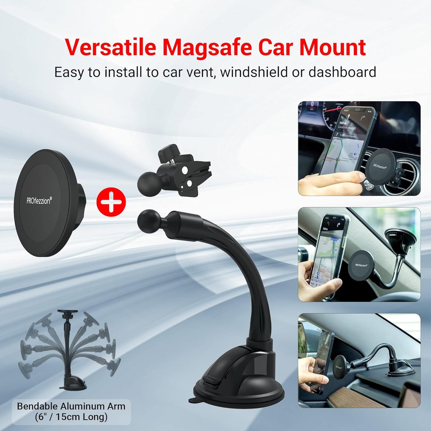 PROfezzion Suction Cup & Vent Clip Combo Magnetic Phone Holder Compatible with MagSafe on Car Truck Windshield, Dash or Vent for iPhone 16 15 14 13 Pro Max, Mag-Safe Case & All Phones [Aluminum Rod]