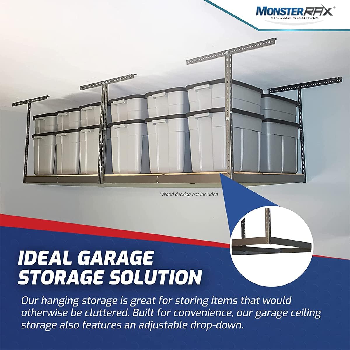 MonsterRax 4x8 Overhead Garage Storage Rack Frame Kit - Hanging Storage Shelves, Garage Ceiling Storage Rack System, Ceiling Shelving - (Hammertone, Adjustable 18"-33")
