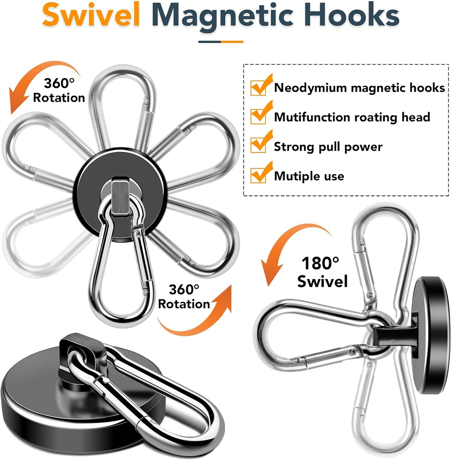 MIKEDE Strong Magnetic Hooks Heavy Duty, 110LB+ Swivel Neodymium Magnets with Carabiner Hook Black, Magnets with Hooks for Hanging, Magnet Hooks for Curtain, Home, Workplace - 6 Pack