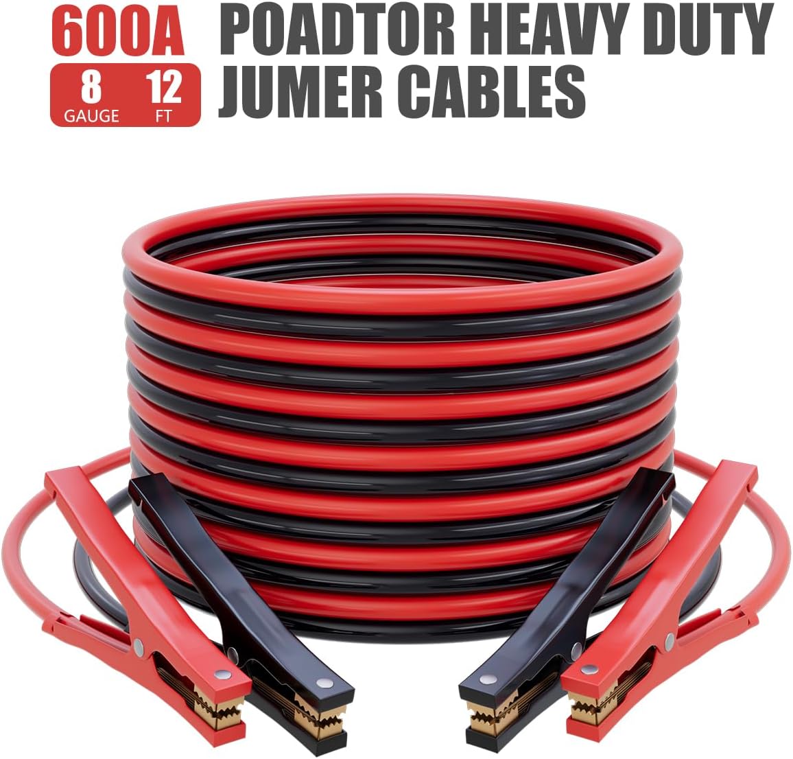 Jumper Cables for Car Battery, 8 Gauge 12 Feet 600AMP, Automotive Booster Cables for Jump Starting Dead or Weak Batteries with Carrying Bag Included