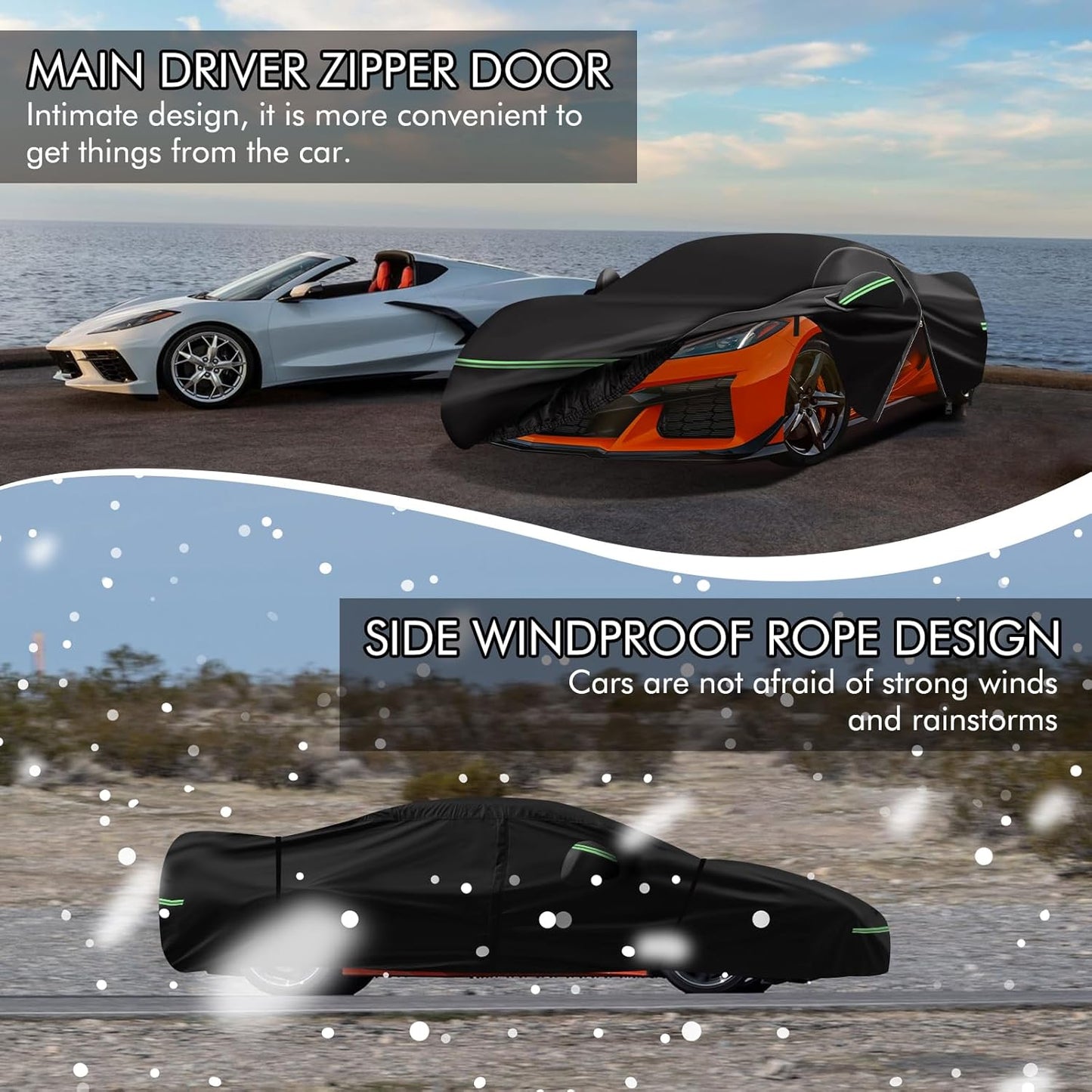 for Corvette 2020-2023 C8 Car Cover 210D Outdoor Waterproof UV Protection, with Cotton Layer, Zipper Door, Reflective Strip, Storage Bag, for Chevy C8