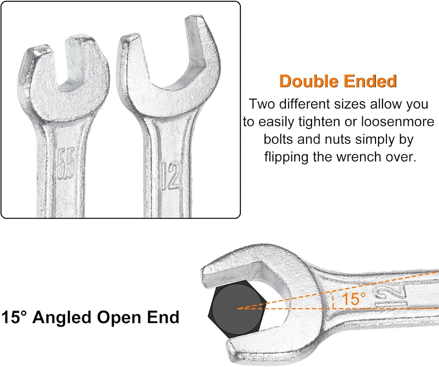 HARFINGTON Double Open End Wrench 13mm x 17mm Metric 15 Degree Offset Angle Small Flat Head Wrench Galvanizing Open Ended Spanner for Automotive Repair Furniture Assembly