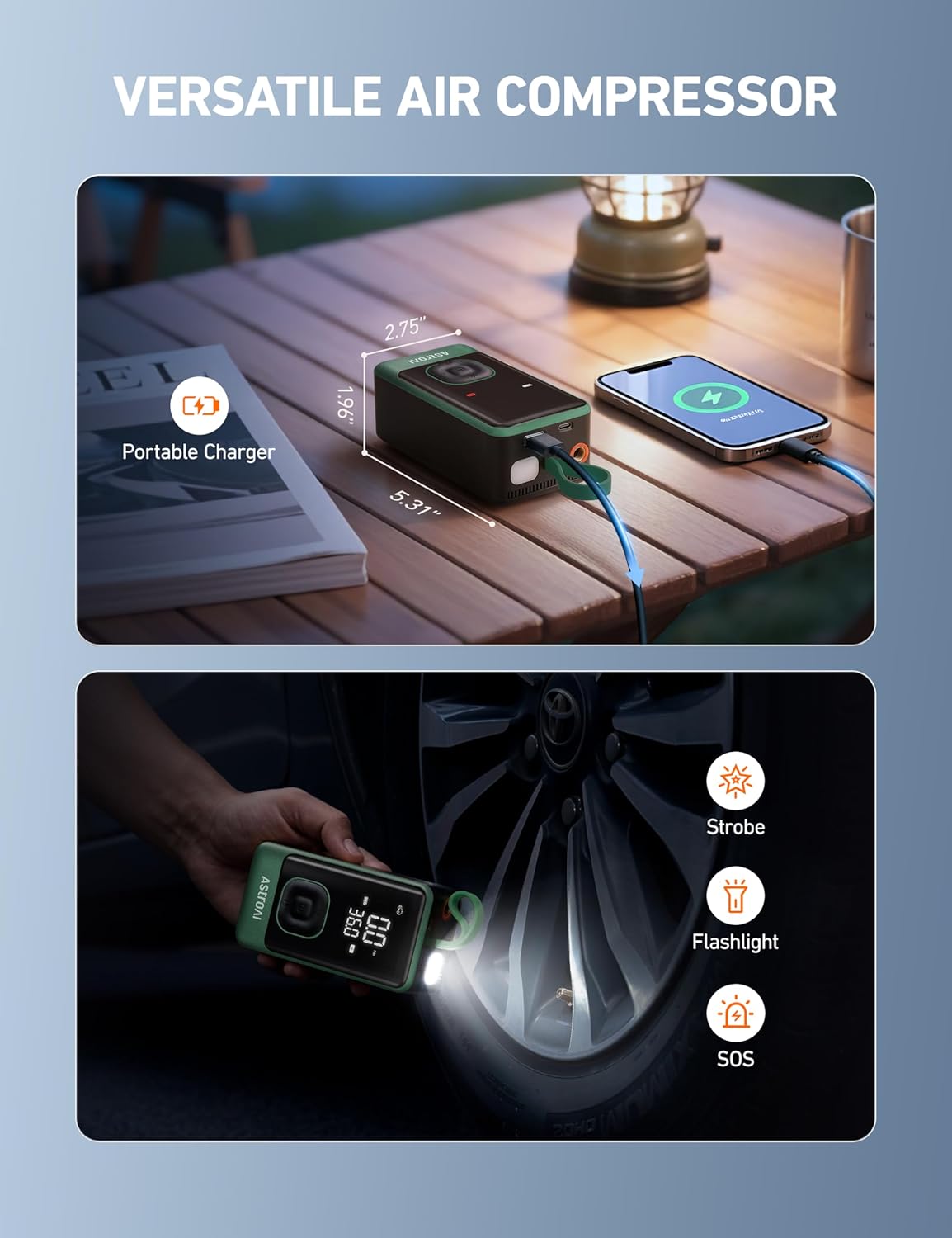 AstroAI L7 Air Tire Inflator Portable Air Compressor, 150PSI Electric Cordless Pump with Fast 1-min Inflation, Auto Shutoff, LED Light – Rechargeable for Car, SUV, Motorcycle, Bike Tires (Green)