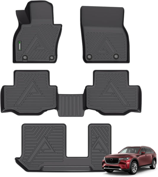ANBINGO® Floor Mats for 2024 2025 Mazda CX-90 & CX90 PHEV (Plug in Hybrid) 8 Passenger | 2nd Row Bench Seat | All Weather TPE Car Mats Waterproof Non-Slip, 3-Rows, 4-PCS, Black