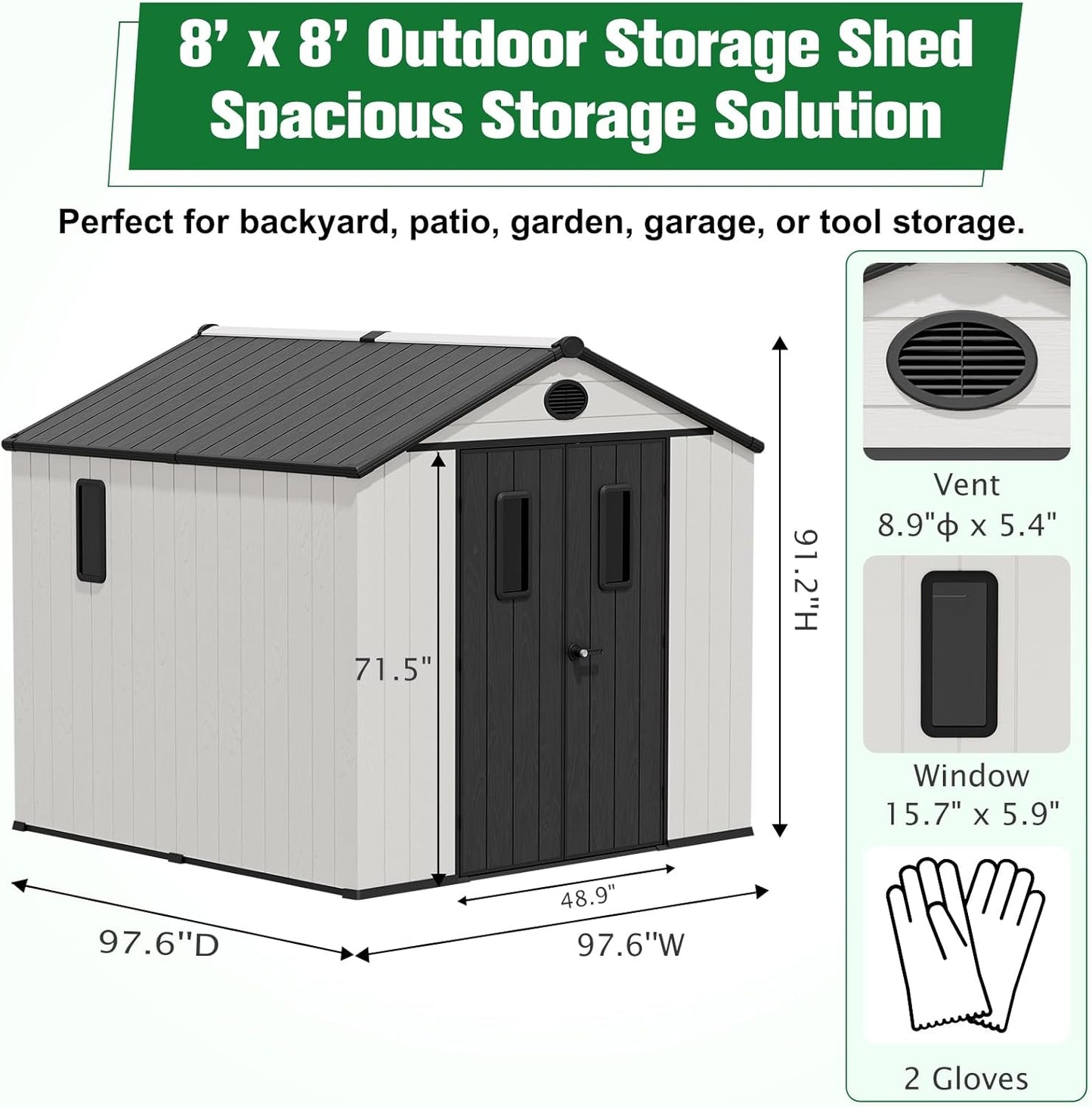 EAGLE PEAK 8x8 Resin Outdoor Storage Shed, Weatherproof Garden Shed with Floor & Lockable Doors, Tool & Equipment Storage for Backyard or Patio, White/Gray