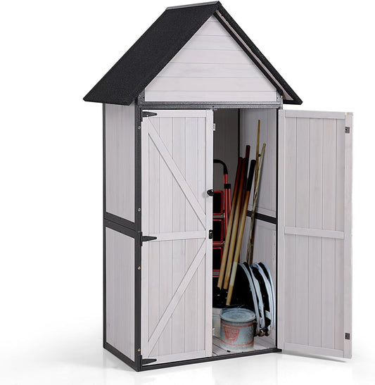 GUTINNEEN Sheds Outdoor Storage Wooden Garden Tool Shed with Metal Frame Sloped Roof and Adjustable 3 Tiers Shelves Outdoor Storage Cabinet for Backyard Garden Patio Lawn 67.1"(Off White)