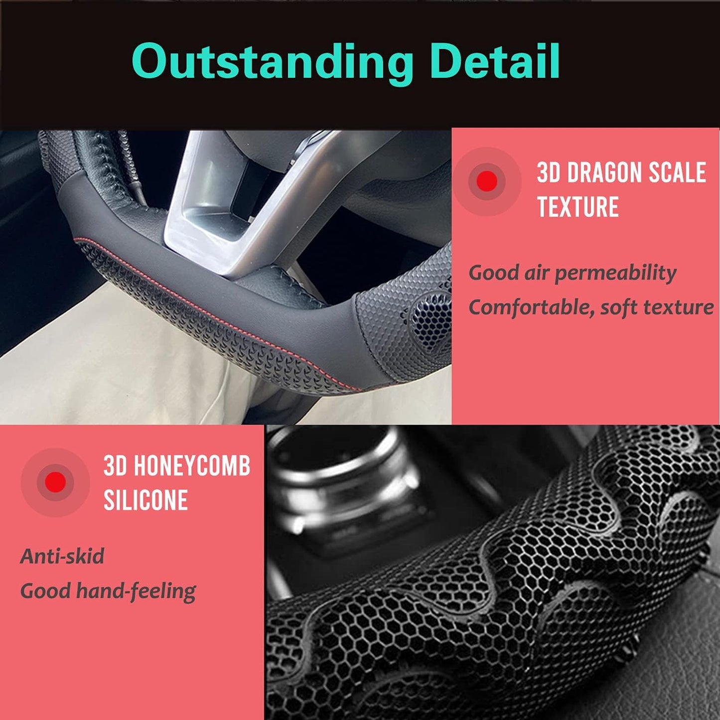 PINCTROT D Shaped 14 Inch Small Sized Steering Wheel Cover Great Grip with 3D Honeycomb Anti-Slip Design, Flat Bottom 14 Inch (Black/Red Stitch)