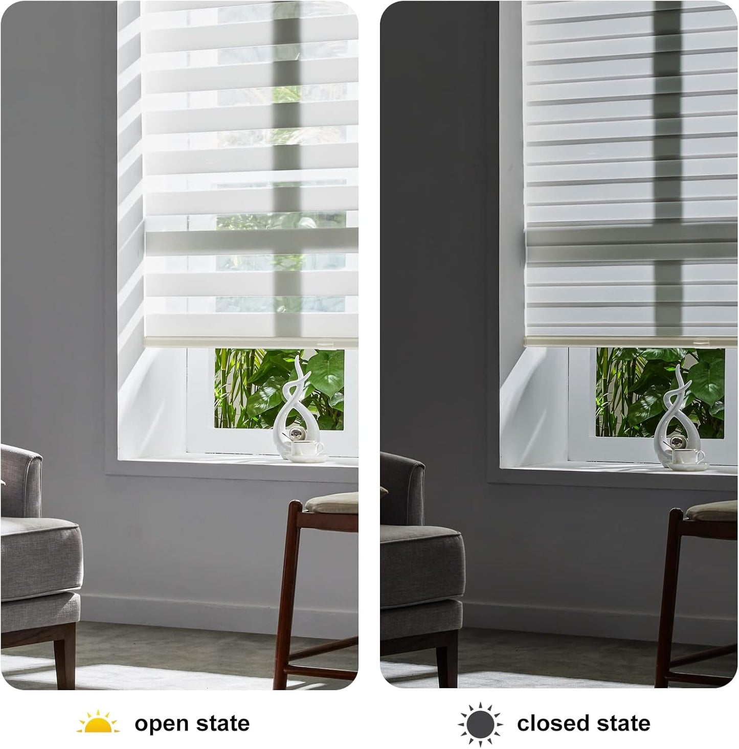 Persilux Cordless Zebra Blinds for Windows Free-Stop Window Blinds (34" W X 64" H, Cream) Dual Layer Light Control for Day and Night, Light Filtering Sheer Shades for Home, Easy to Install