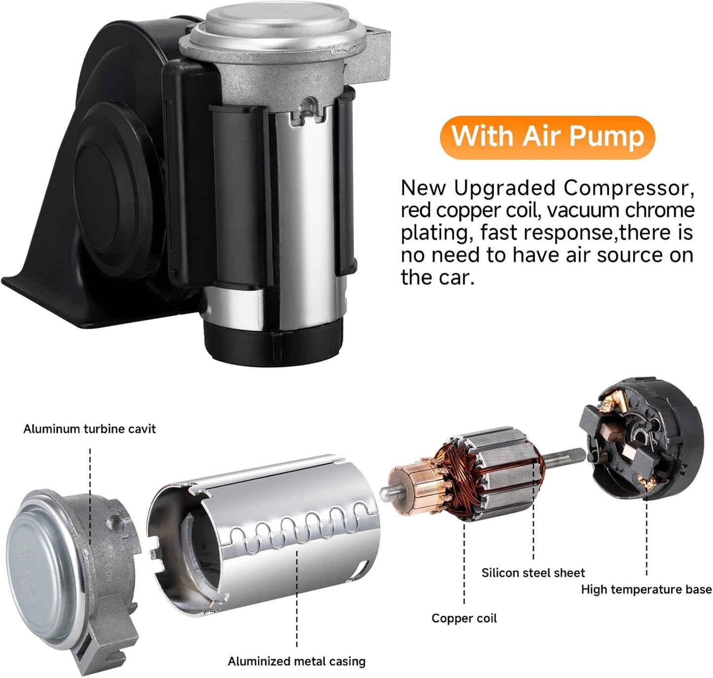 Air Horn for Truck,Super High Pitched Train Horn for Car, Waterproof Snail Horn for Motorcycles, Cars, trucks, trains and ships(black horn with wire, 12v)