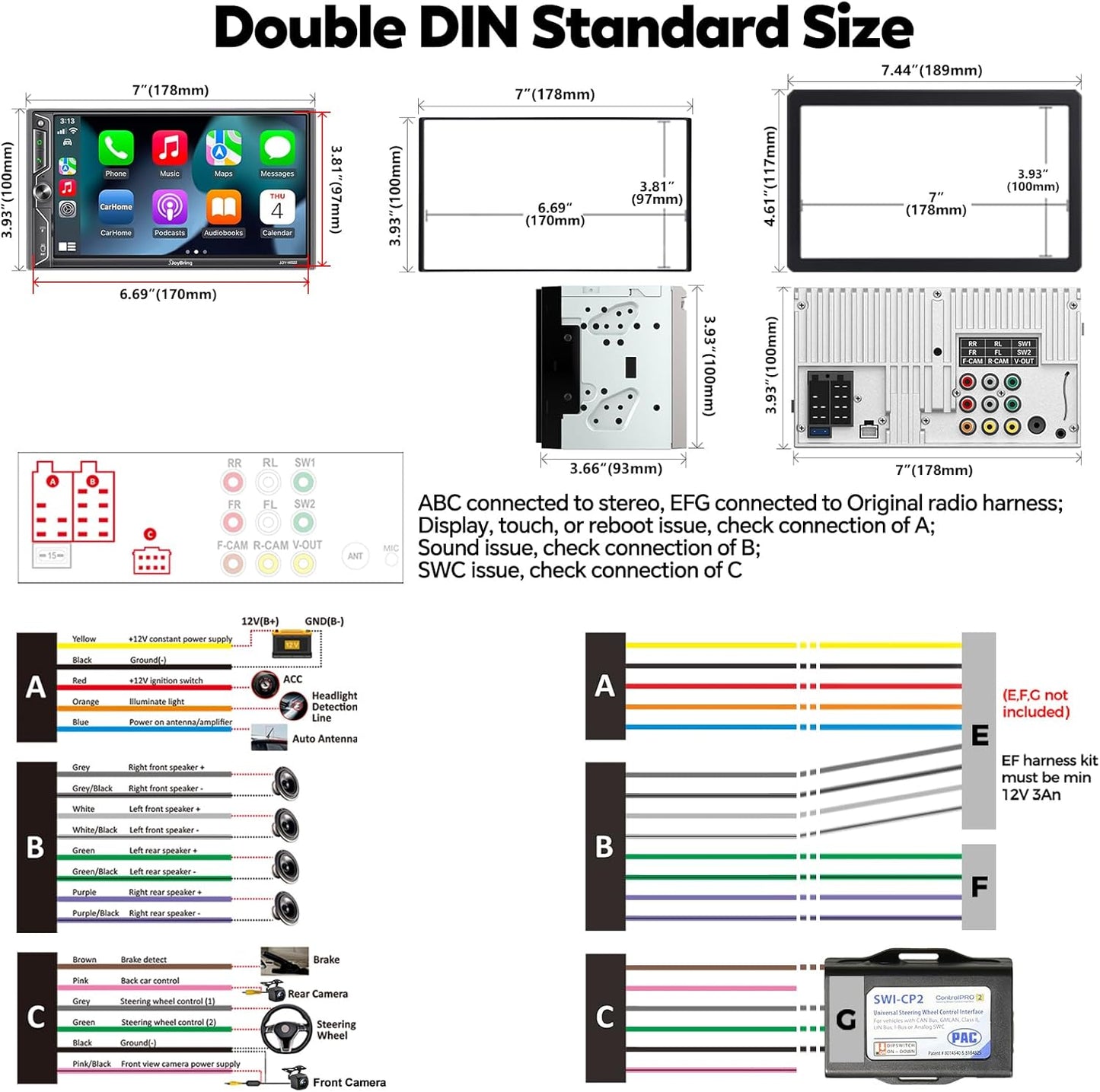 [QLED Screen Upgrade] 7" Double Din Car Stereo with Wireless Apple CarPlay and Android Auto, 240W Powerful Sound, 4.2-Channel Audio Output, Bluetooth, MirrorLink, Backup Camera, AM/FM Car Radio