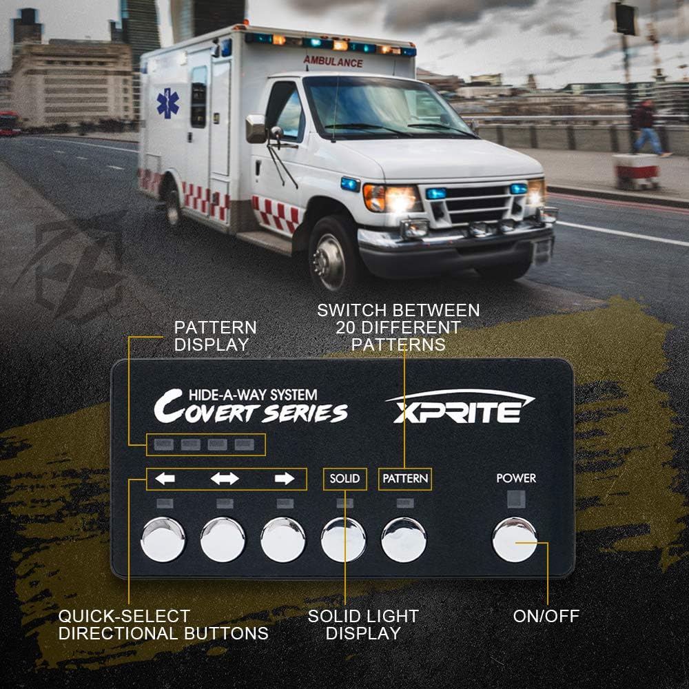 Xprite 4PCS LED Hideaway Strobe Lights Kit - White, 20 Flash Modes, Control Panel Included, Ideal for Emergency Vehicles, Trucks, Cars, Headlights, Taillights & Fog Lights, Hazard Warning