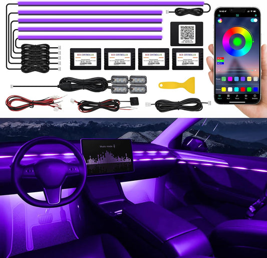 Acrylic Interior Car LED Strip Light with Wireless APP, RGB 10 in 1 with 175 inches 593 LEDs Fiber Optic Ambient Lighting Kits, 16 Million Colors Sound Active Function Car Neon Lights