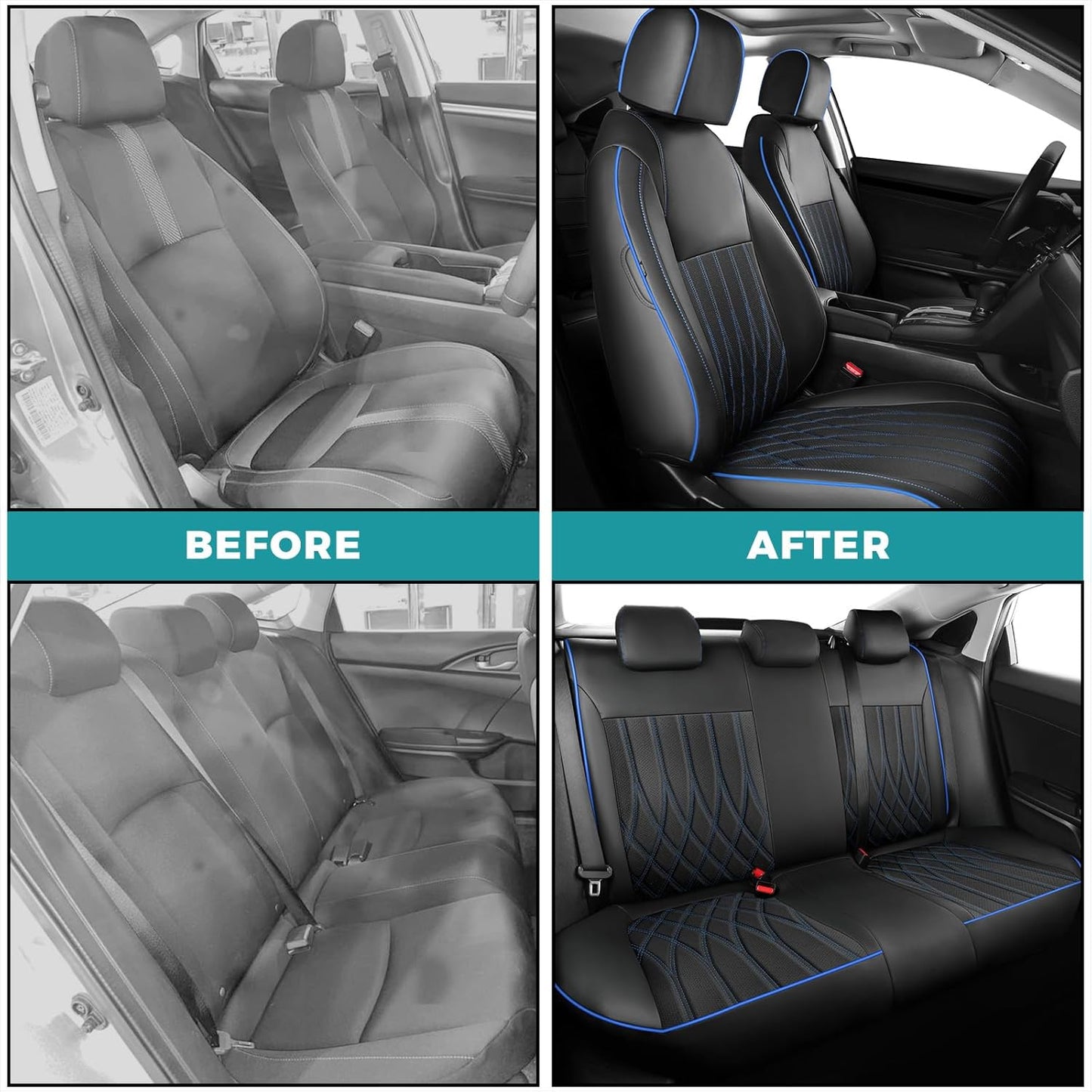 Seat Covers for Honda Civic Sedan 4DR Sedan LX 2022 2023 2024 2025.Faux Leather Car Seats Cover Full Set,(Rear Row Solid Folding Backrest)-BlackBlue