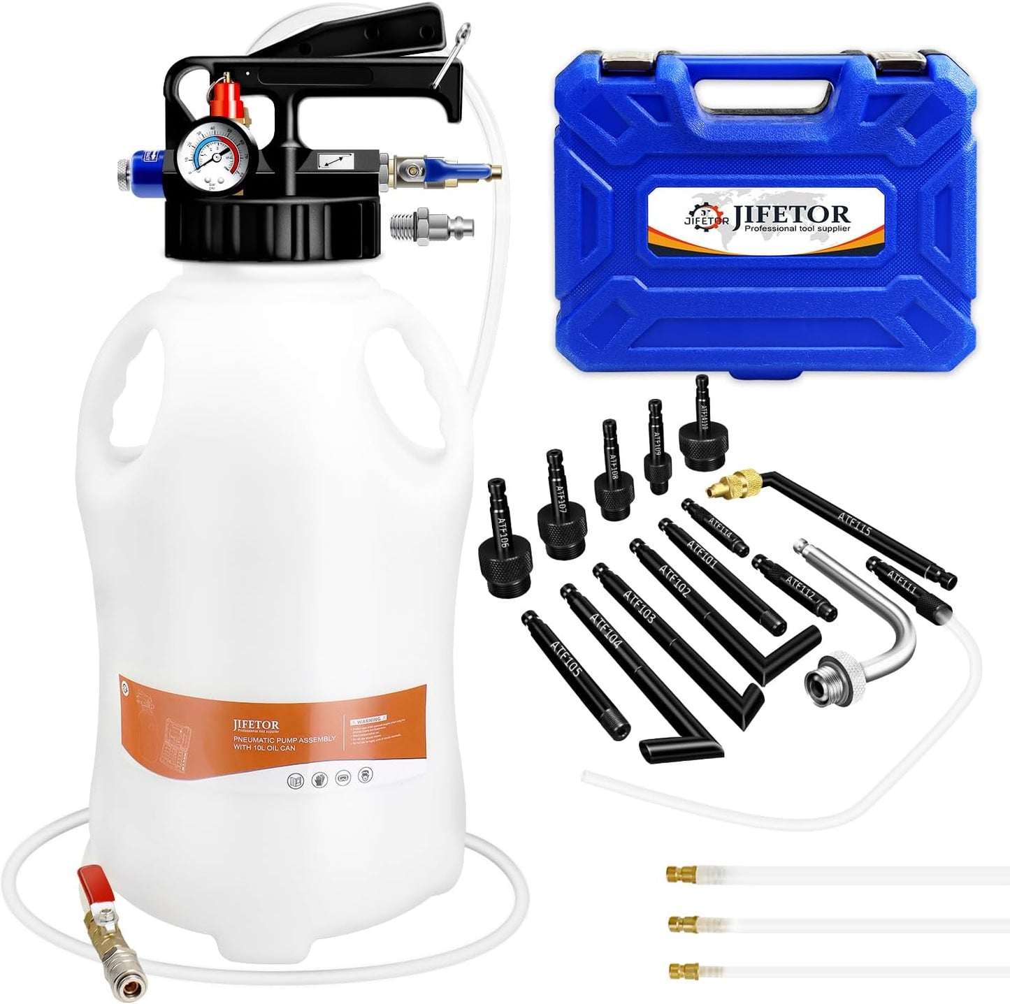 JIFETOR Transmission Fluid Pump Pneumatic Extractor and Dispenser Tool Kit, 10L ATF Fill and Evacuator Oil Can Set with 15PCS ATF Adapters 3PCS 1M Hose for Gear Oil Garage and Shop Fluid Transfer
