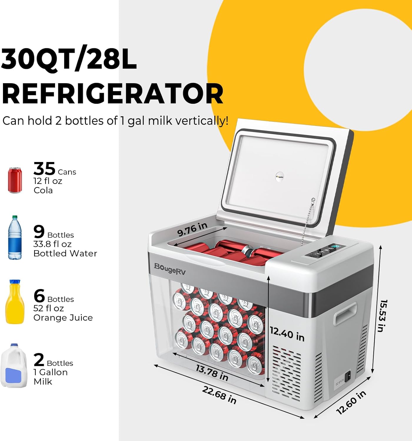 BougeRV 12 Volt Refrigerator With Cover 12V Car Fridge 30 Quart Portable Freezer Compressor Cooler Compressor Freezer, 12/24V DC 110~240V AC, -8℉~50℉ for Truck RV SUV