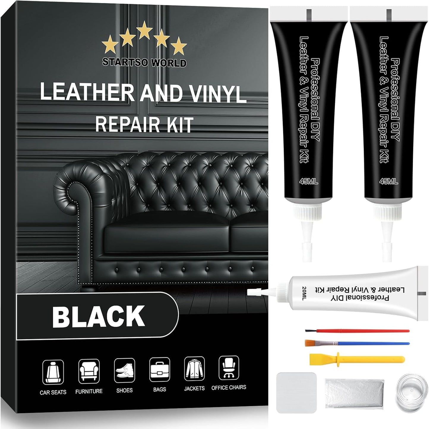 STARTSO WORLD Black Leather Repair Kit, Vinyl Repair kit for Car Interiors, Furniture, Couches, Car Seat, Sofa, Jacket and Purse, Restores Faux, Artificial, Genuine Pleather