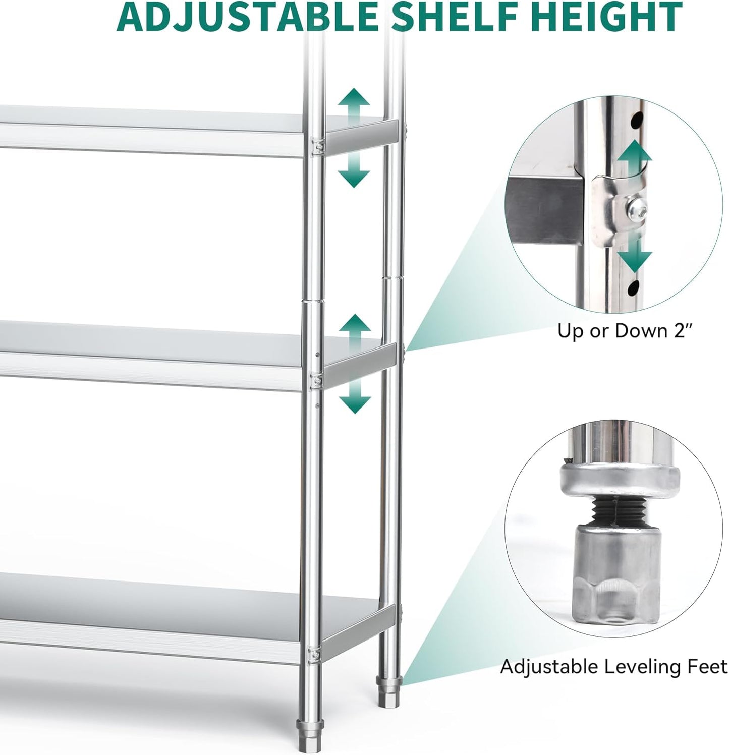 YITAHOME NSF Stainless Steel Shelves, 60"*18"*60" 4 Tier Storage Shelf, Heavy Duty Shelving for Kitchen Garage Office Restaurant Warehouse, 201 Bright Silver