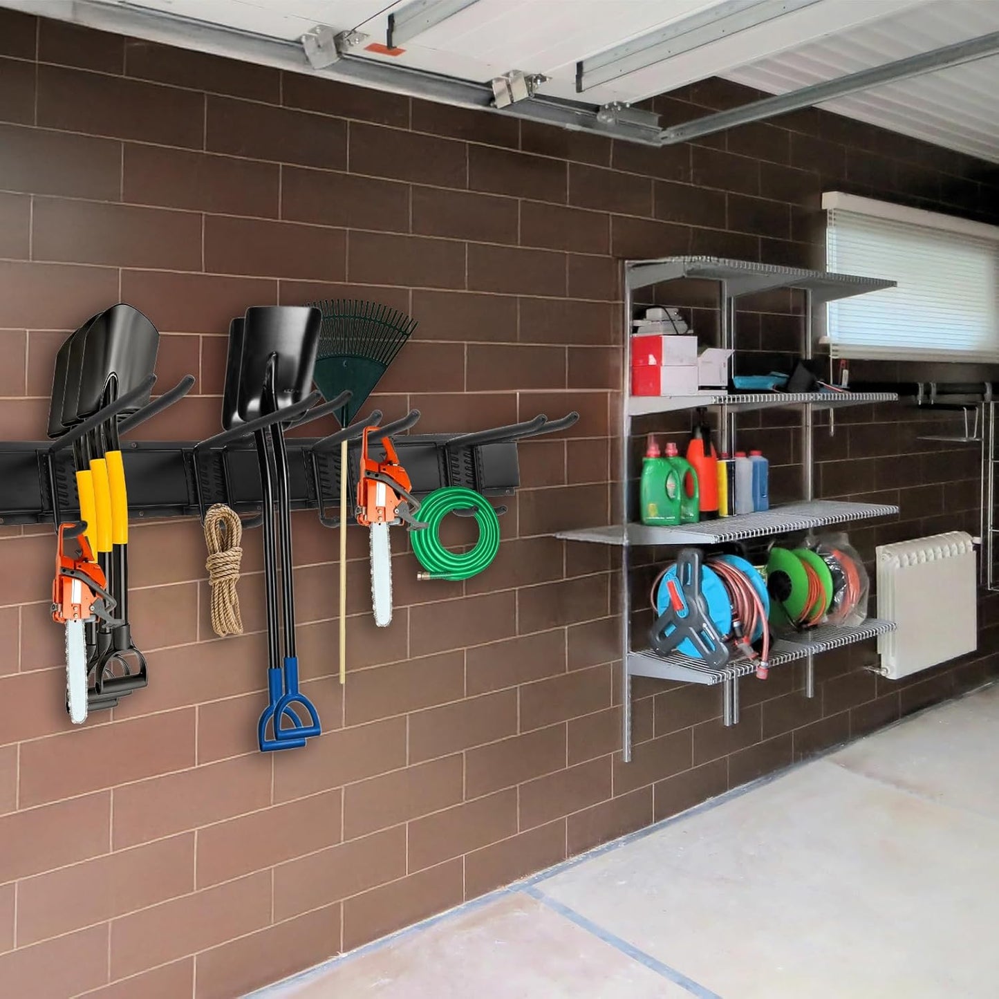 Garage Storage Rack Hooks, 32 Inch Heavy Duty Wall Mount Garage Organization with 2 Rails and 4 Adjustable Double Wall Hooks,Hanging Shelves for Garden Tool/Broom/Mop(Black)