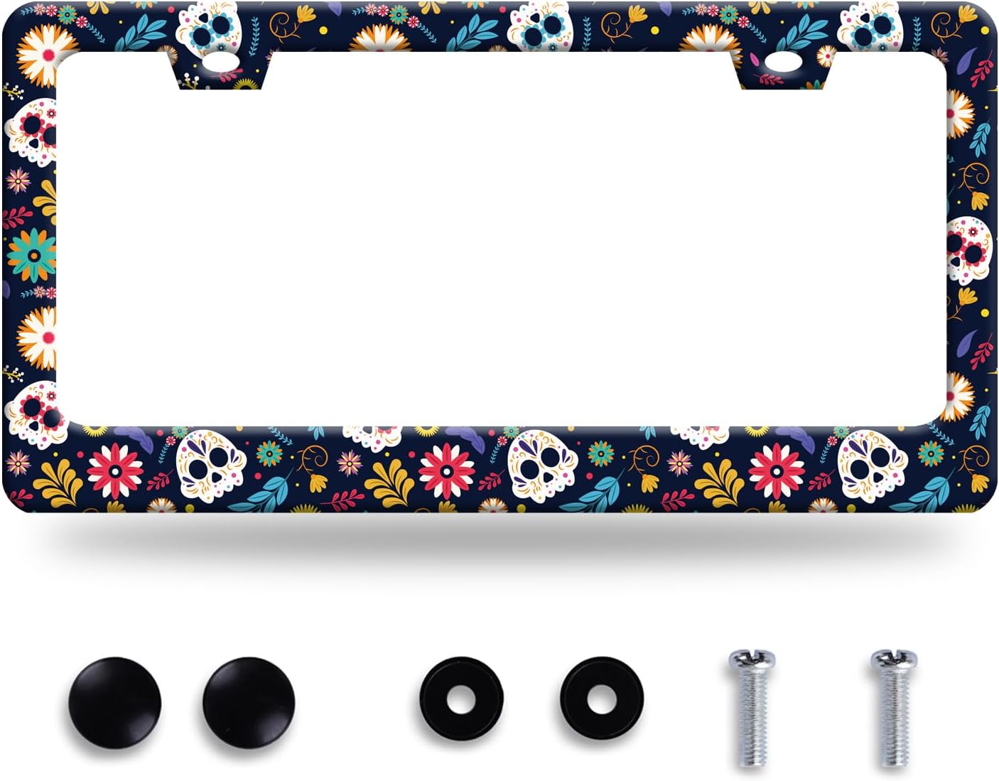 Sugar Skull Flowers License Plate Frame Cute Colorful License Plate Frames Stainless Steel Accessories Cars Decor with 2 Holes and Screws Fits Standard US CA Vehicles Size 12.2 x 6 Inches