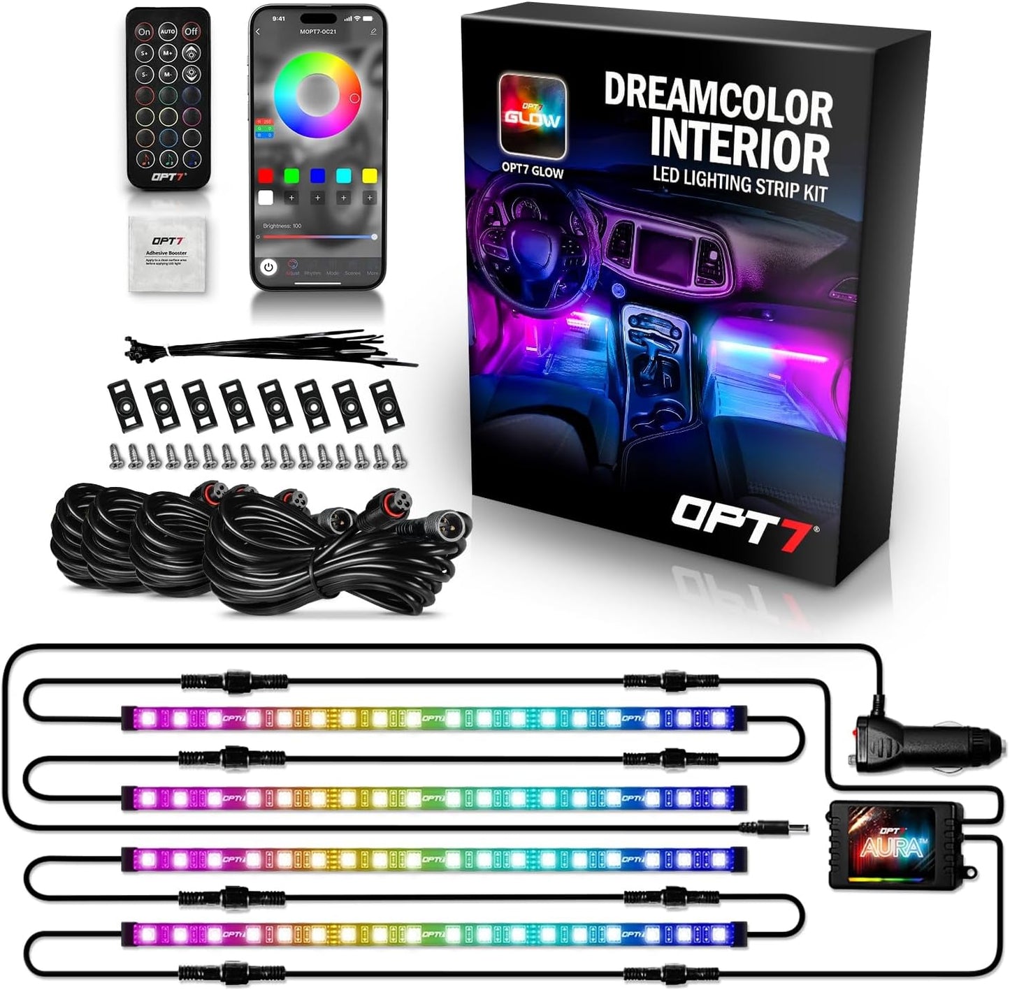 OPT7 Aura DreamColor RGB-IC LED Car Interior Light Strips, 4PC Interior Ambient Lighting Kit, Color Chasing Light Kit w/APP Control & Wireless Remote, Universal for Vehicles SUV Trucks Pickups Van