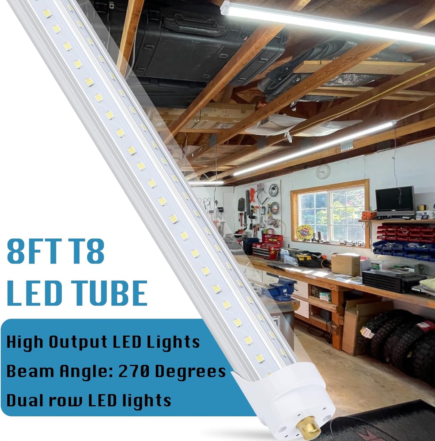 12 Pack, T8/T10/T12 8FT LED Tube Light, Single Pin FA8 Base, 100W 6000LM 6000K Cold White, 270 Degree V Shaped LED Fluorescent Bulb (200W Equiv.), Clear Cover, Dual-Ended Power