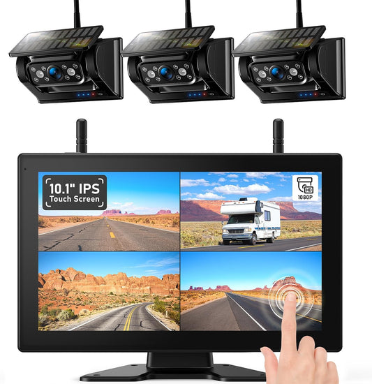 3 Magnetic Solar Wireless Backup Camera HD1080P Loop Recording 10.1 Inch Touchscreen Monitor, Quad RV Rearview Backup Cameras Wireless System for RV Trailer Tractor Truck, BL103