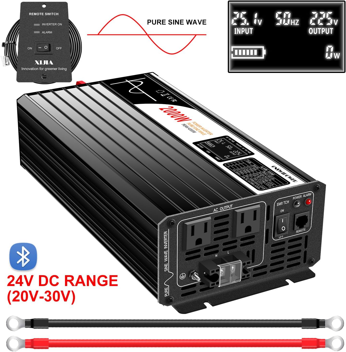 Xijia 2000W (Peak Power 4000W) Pure Sine Wave dc to ac Inverter Remote Switch DC 24V to AC 120V 60HZ Solar Converter for Home car rv &Yacht (DC24V (Range 20V-30V) 2000W)