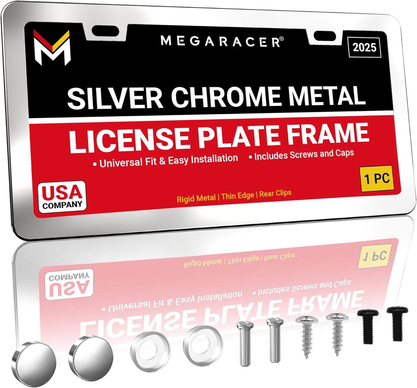 Premium Slim Polished Mirror Chrome License Plate Frame – 1 Pack, Rust-Free Stainless Steel & Rattle-Free, Street Legal Universal Fit with Screw Covers, Thin Silver Metal Front or Rear Car Tag Holder