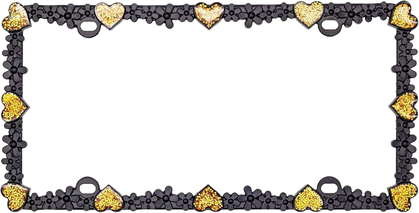 Creathome 3D Shining Daisy Heart License Plate Frame from Pure Zinc Alloy Metal Perfect Plate Holder, Matt Black with Gold Glitter, Luminously Heart