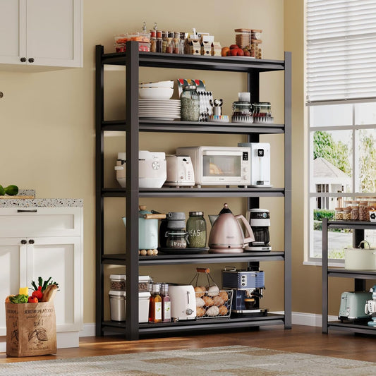 72H Metal Kitchen Storage Shelves, 3000LBS Heavy Duty Garage Shelving Unit, 5-Tier Adjustable Pantry Shelves, Food and Beverage Storage Rack, Appliance Storage Utility Shelf for Balcony - Black