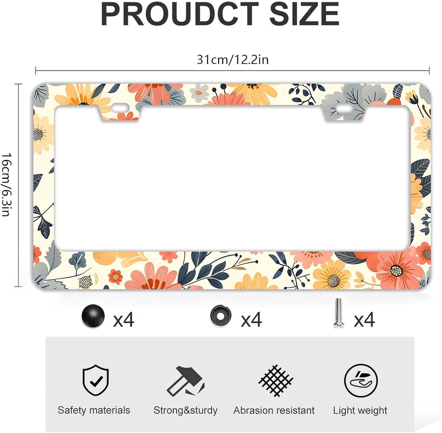 Colorful Floral Flowers License Plate Frames - 2 Pcs Set 2 Holes Stainless Steel Metal Auto Car Accessories Decoration License Plate Frame Cover Size 6.3" x 12.2" Fit US Vehicles for Women Men Gift