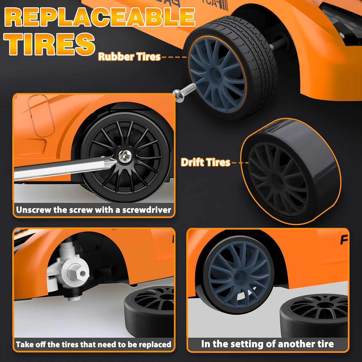 RC Drift Car 1/24 2.4GHz Remote Control Car 4WD High Speed Drifting RC Cars with LED Light and Drift Tires Racing Toy Cars for Boys Girls Kids Adults (Orange)