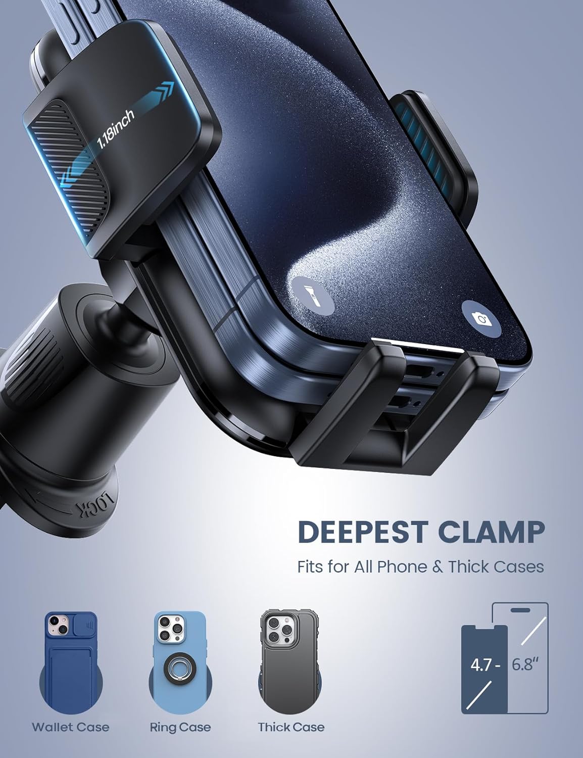 Lamicall 2025 Wider Clamp & Metal Hook Car Phone Holder Vent [Thick Cases Friendly] Phone Holders for Your Car Mount Automobile Hands Free Cradle Vent for iPhone 15 14 13 Pro Max (Lucite Black)