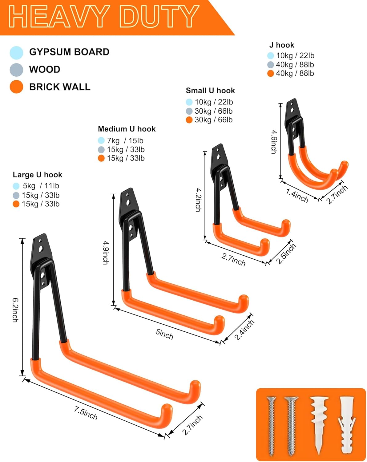 QcoQce 10 Pack Garage Hooks Heavy Duty, Wall Mount Utility Hooks for Hanging Hose, Rake, Shovel and Garden Tools, Anti-Slip Coating, Garage Organization with Screws Included (Orange)