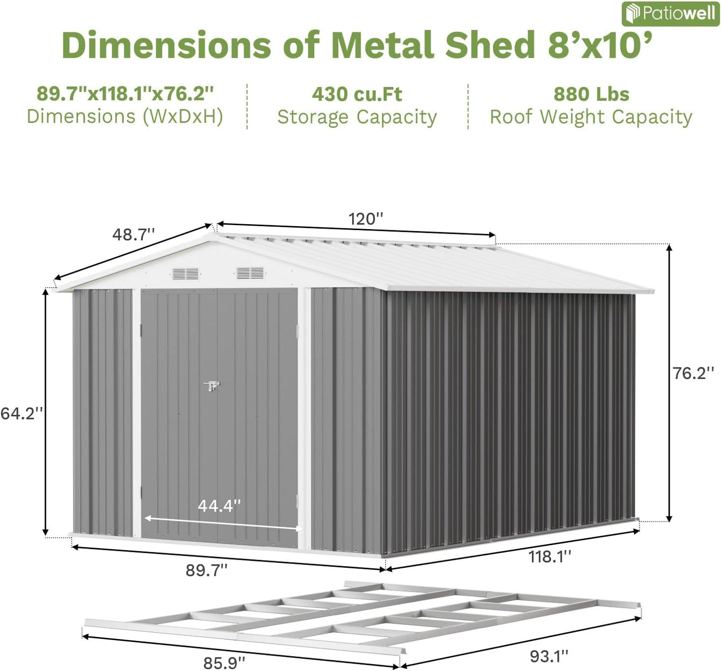 Patiowell 8x10 FT Outdoor Storage Shed with Floor Frame, Large Garden Tool Metal Shed with Sloping Roof and Double Lockable Door, Outdoor Shed for Backyard Garden Patio Lawn,Grey