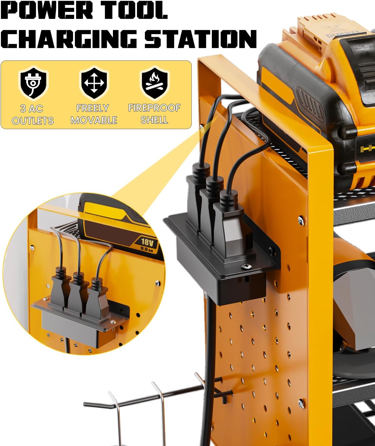 Heavy-Duty 48" Wall Mount Power Tool Organizer with Charging Station – 3-Tier Garage Organization Rack for Drills, Wrenches & Tools – Includes 16 Hooks & Pegboard Sides