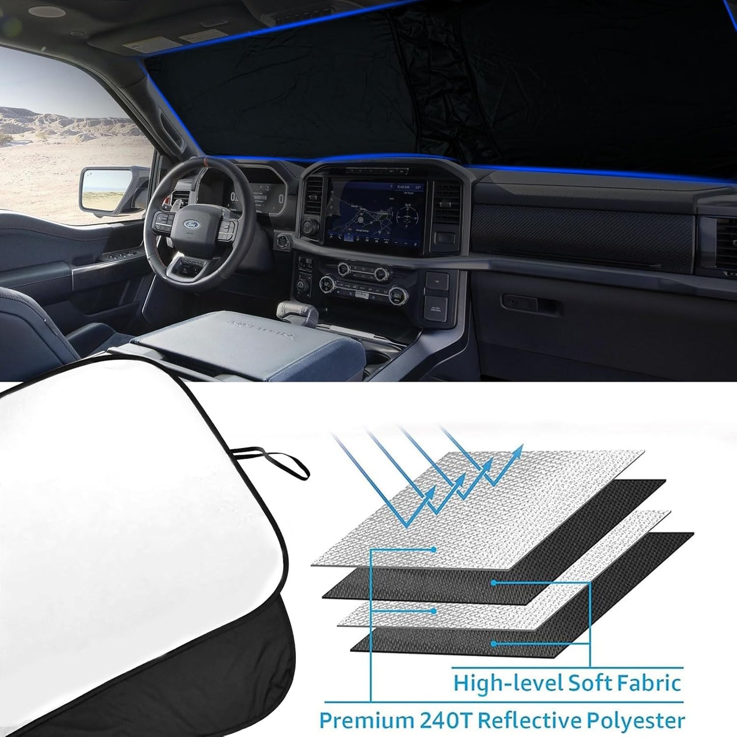 2025 Upgrade Front Windshield Sunshade fit for Ford F150 2021-2025 Foldable Car Shade 240T Reflective Polyester Ford F-150 Lariat King Ranch Platinum XL XLT Limited Raptor Accessories |Keep Cool|