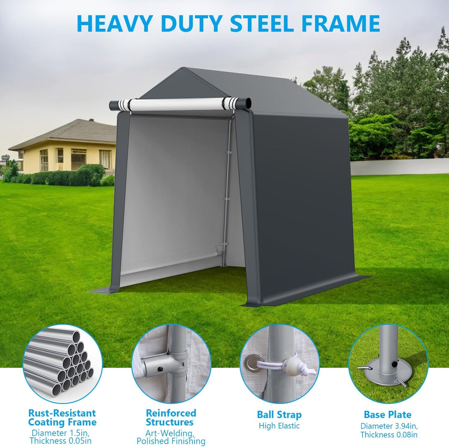 6x8FT Outdoor Storage Shelter Carport, Portable Shelter Heavy Duty Storage Shed Carport with Roll-up Zipper Door for Bike, Motorcycle, Garden Storage, Waterproof and UV Resistant, Gray